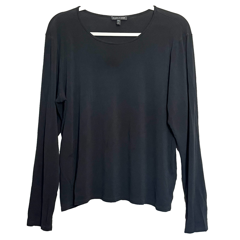 Eileen Fisher Black 100% Silk Stretch Blouse XL Relaxed Capsule Minimalist